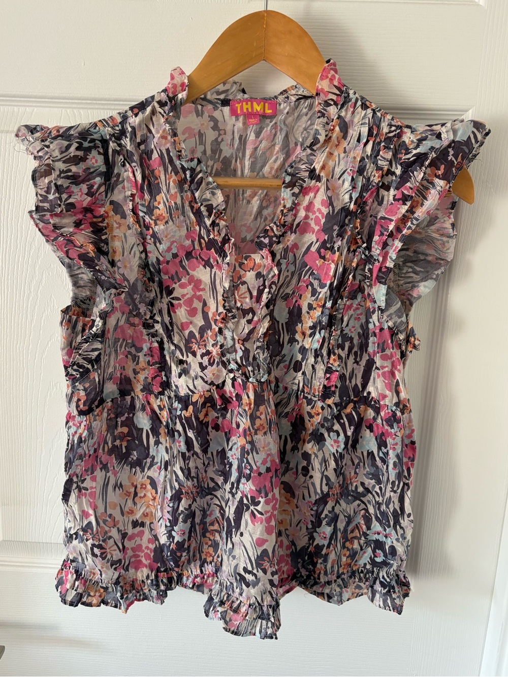 THML Floral Ruffle Flutter Sleeve Smocked Peplum Blouse Size L
